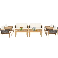 Tangkula Outdoor Acacia Wood Furniture Set, PE Wicker Conversation Set with Coffee Table and Soft Cushions