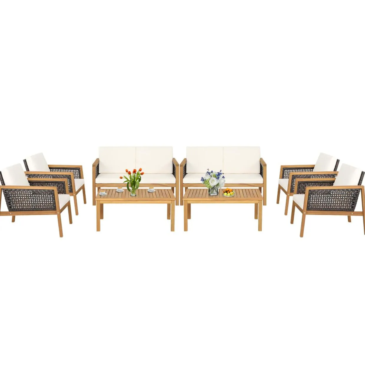 Tangkula Outdoor Acacia Wood Furniture Set, PE Wicker Conversation Set with Coffee Table and Soft Cushions