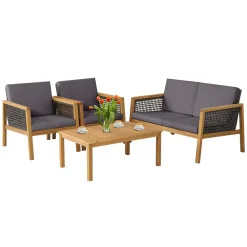 Tangkula Outdoor Acacia Wood Furniture Set, PE Wicker Conversation Set with Coffee Table and Soft Cushions