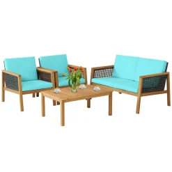 Tangkula Outdoor Acacia Wood Furniture Set, PE Wicker Conversation Set with Coffee Table and Soft Cushions