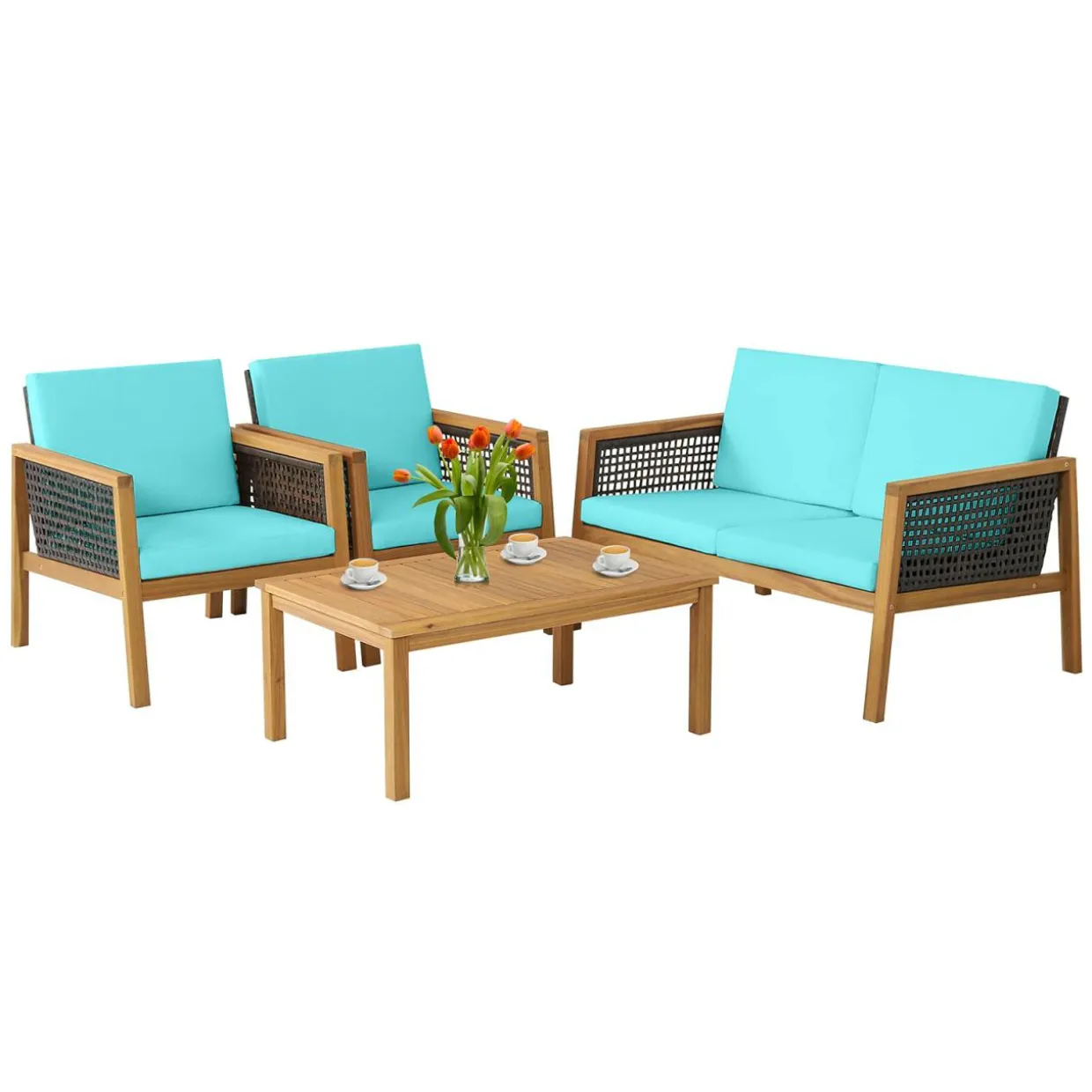 Tangkula Outdoor Acacia Wood Furniture Set, PE Wicker Conversation Set with Coffee Table and Soft Cushions