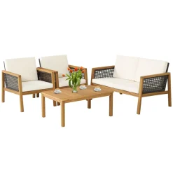 Tangkula Outdoor Acacia Wood Furniture Set, PE Wicker Conversation Set with Coffee Table and Soft Cushions