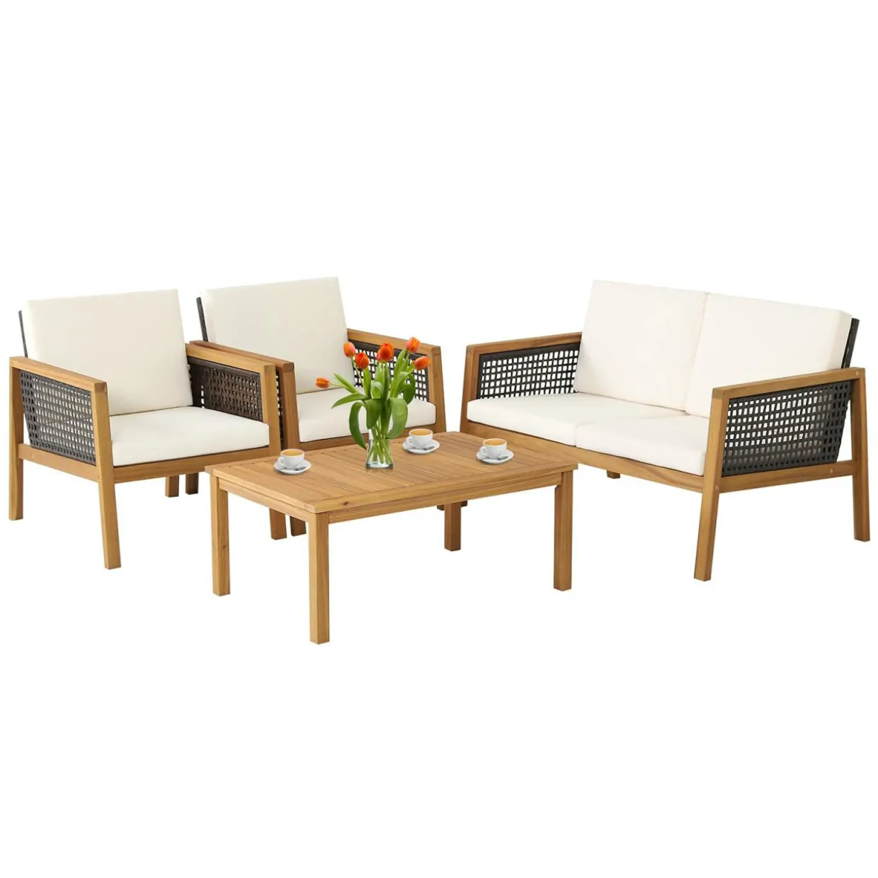 Tangkula Outdoor Acacia Wood Furniture Set, PE Wicker Conversation Set with Coffee Table and Soft Cushions