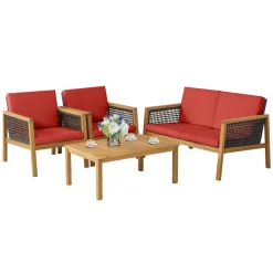Tangkula Outdoor Acacia Wood Furniture Set, PE Wicker Conversation Set with Coffee Table and Soft Cushions