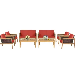Tangkula Outdoor Acacia Wood Furniture Set, PE Wicker Conversation Set with Coffee Table and Soft Cushions