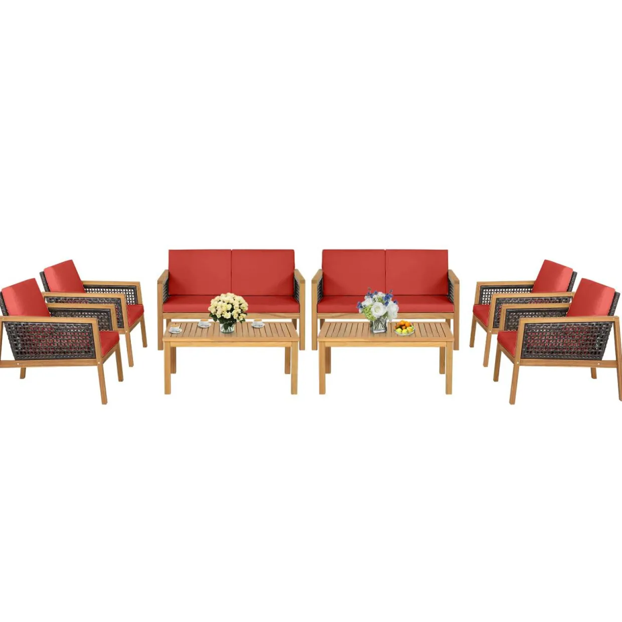 Tangkula Outdoor Acacia Wood Furniture Set, PE Wicker Conversation Set with Coffee Table and Soft Cushions