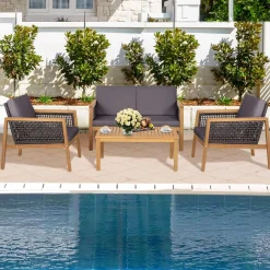 Tangkula Outdoor Acacia Wood Furniture Set, PE Wicker Conversation Set with Coffee Table and Soft Cushions