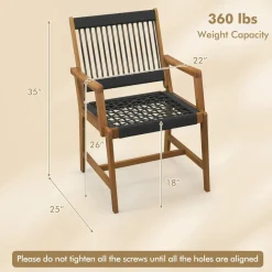 Tangkula Outdoor Acacia Wood Dining Chairs Set of 2, All-Weather Rope Woven Patio Chairs with Armrests