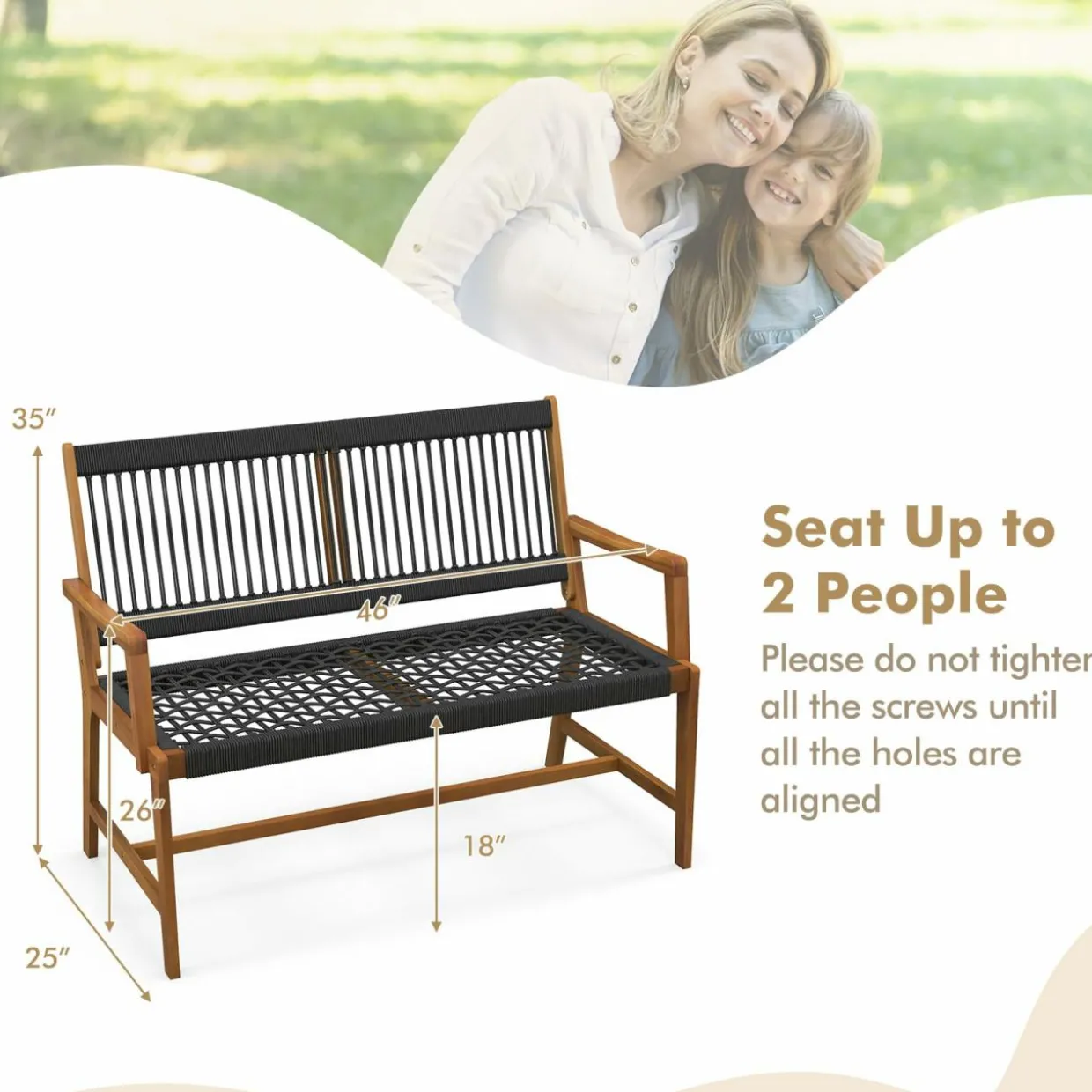 Tangkula Outdoor Acacia Wood Bench, All-Weather Rope Woven Garden Bench with Backrest and Armrests