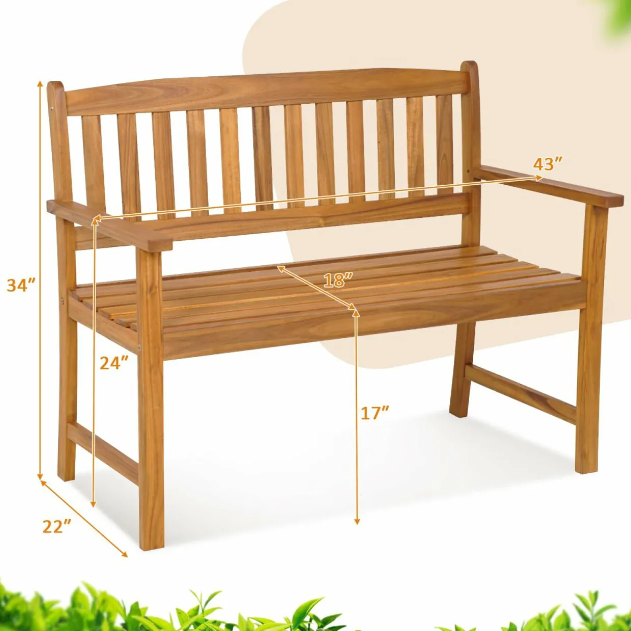 Tangkula Outdoor Acacia Wood Bench, 2-Person Garden Bench with Backrest and Armrests