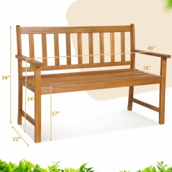 Tangkula Outdoor Acacia Wood Bench, 2-Person Garden Bench with Backrest and Armrests