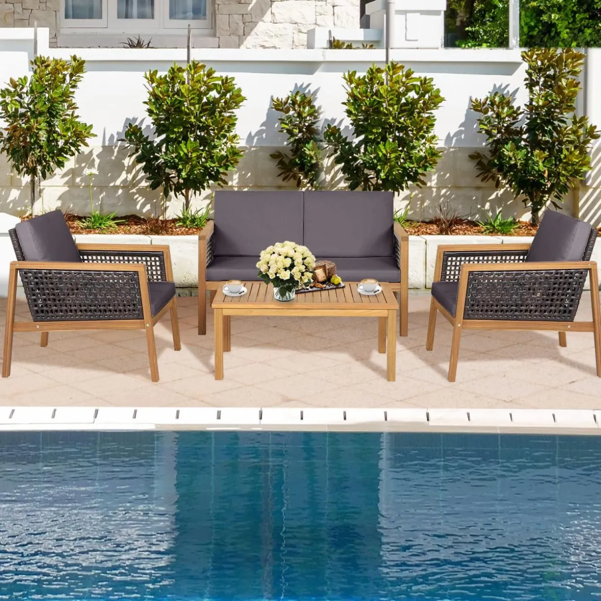 Tangkula Outdoor Acacia Wood Furniture Set, PE Wicker Conversation Set with Coffee Table and Soft Cushions