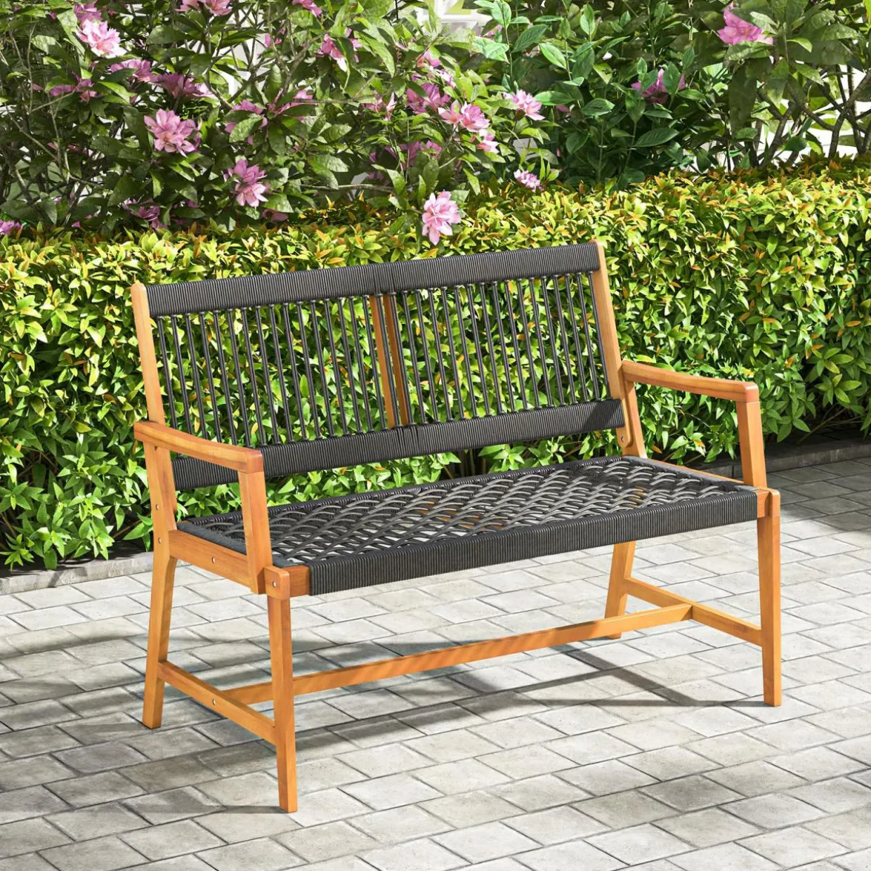 Tangkula Outdoor Acacia Wood Bench, All-Weather Rope Woven Garden Bench with Backrest and Armrests