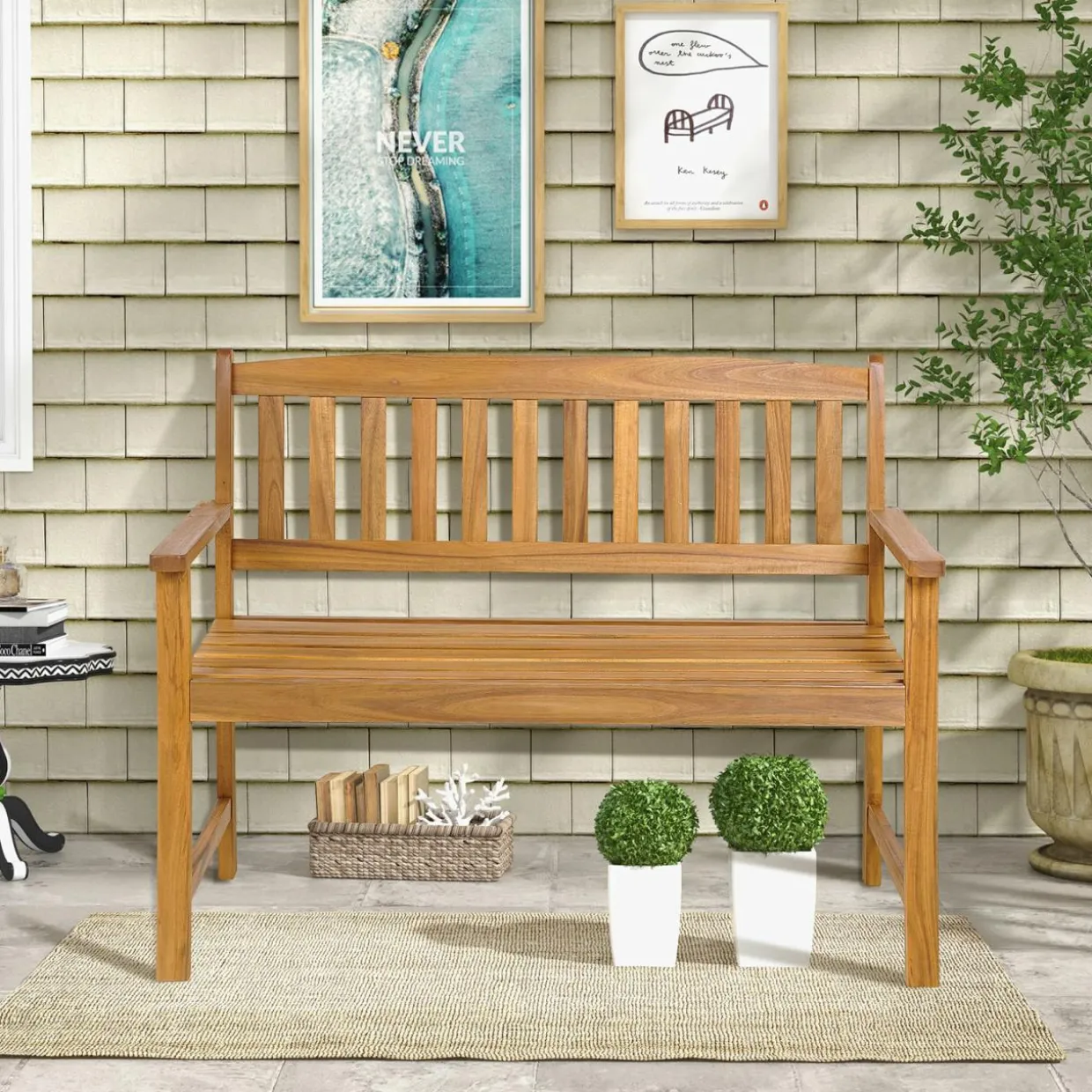 Tangkula Outdoor Acacia Wood Bench, 2-Person Garden Bench with Backrest and Armrests