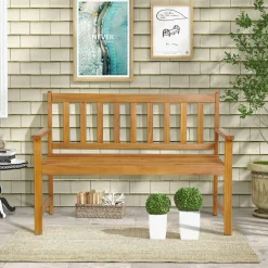 Tangkula Outdoor Acacia Wood Bench, 2-Person Garden Bench with Backrest and Armrests