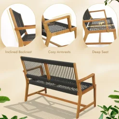 Tangkula Outdoor Acacia Wood Bench, All-Weather Rope Woven Garden Bench with Backrest and Armrests
