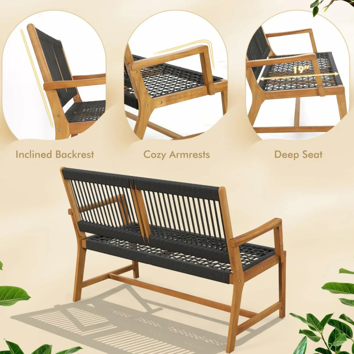 Tangkula Outdoor Acacia Wood Bench, All-Weather Rope Woven Garden Bench with Backrest and Armrests