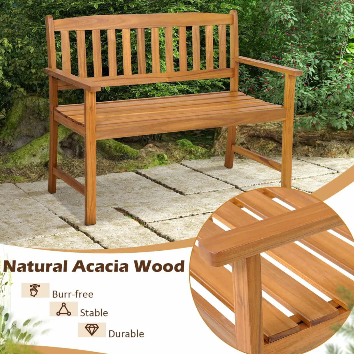 Tangkula Outdoor Acacia Wood Bench, 2-Person Garden Bench with Backrest and Armrests