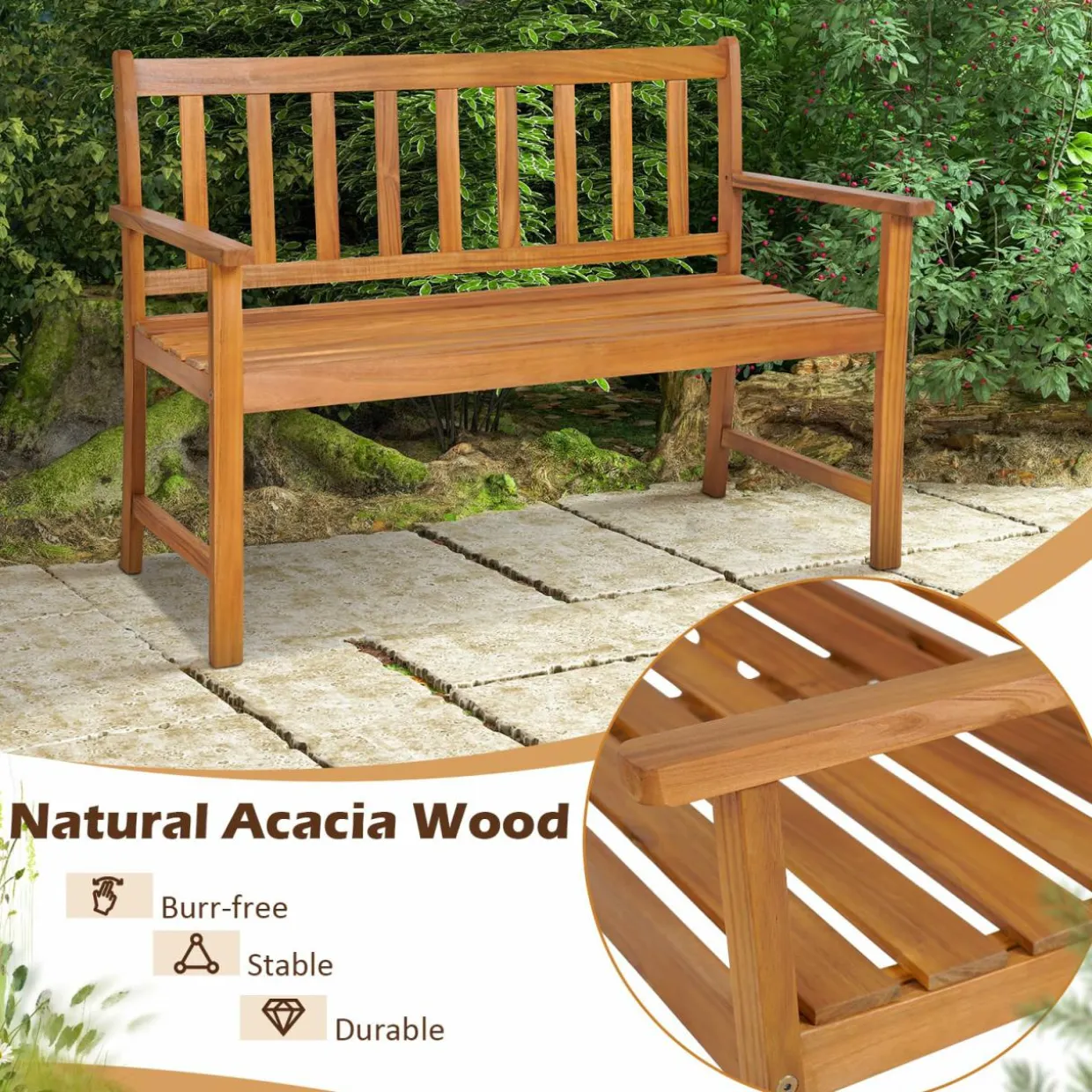 Tangkula Outdoor Acacia Wood Bench, 2-Person Garden Bench with Backrest and Armrests