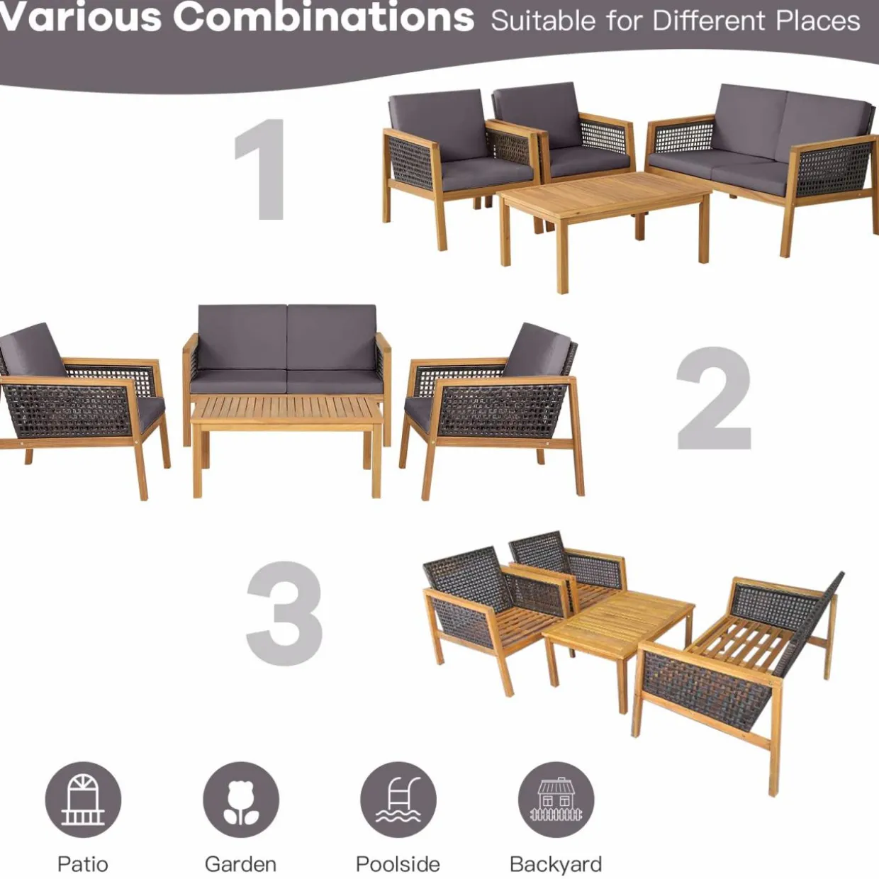 Tangkula Outdoor Acacia Wood Furniture Set, PE Wicker Conversation Set with Coffee Table and Soft Cushions