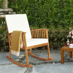 Tangkula Outdoor Acacia Wood Rocking Chair, Wooden Rocker w/Detachable Washable Cushions