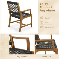 Tangkula Outdoor Acacia Wood Dining Chairs Set of 2, All-Weather Rope Woven Patio Chairs with Armrests