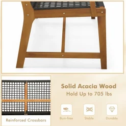 Tangkula Outdoor Acacia Wood Bench, All-Weather Rope Woven Garden Bench with Backrest and Armrests