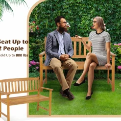 Tangkula Outdoor Acacia Wood Bench, 2-Person Garden Bench with Backrest and Armrests