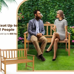 Tangkula Outdoor Acacia Wood Bench, 2-Person Garden Bench with Backrest and Armrests