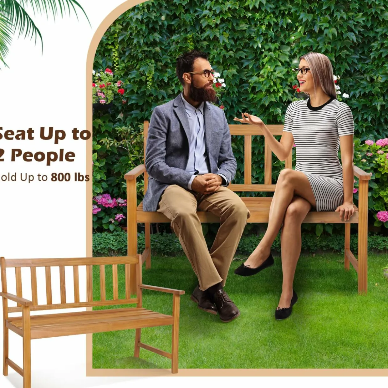 Tangkula Outdoor Acacia Wood Bench, 2-Person Garden Bench with Backrest and Armrests