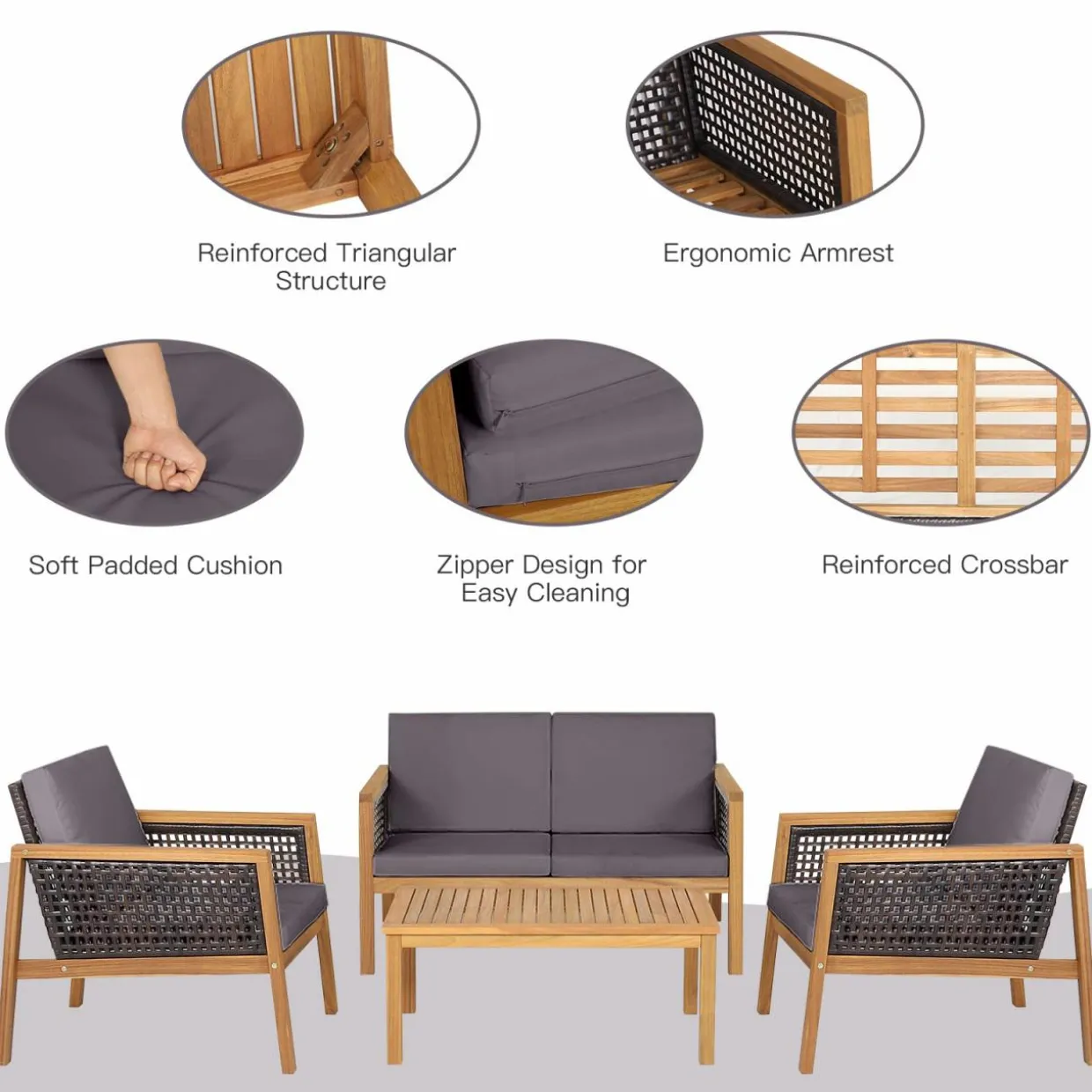 Tangkula Outdoor Acacia Wood Furniture Set, PE Wicker Conversation Set with Coffee Table and Soft Cushions