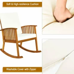 Tangkula Outdoor Acacia Wood Rocking Chair, Wooden Rocker w/Detachable Washable Cushions