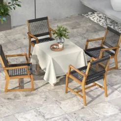Tangkula Outdoor Acacia Wood Dining Chairs Set of 2, All-Weather Rope Woven Patio Chairs with Armrests