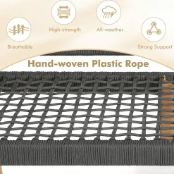 Tangkula Outdoor Acacia Wood Bench, All-Weather Rope Woven Garden Bench with Backrest and Armrests
