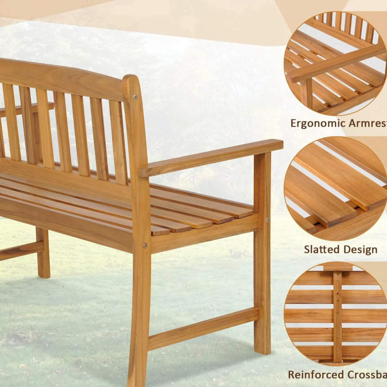Tangkula Outdoor Acacia Wood Bench, 2-Person Garden Bench with Backrest and Armrests