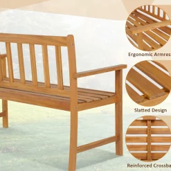 Tangkula Outdoor Acacia Wood Bench, 2-Person Garden Bench with Backrest and Armrests