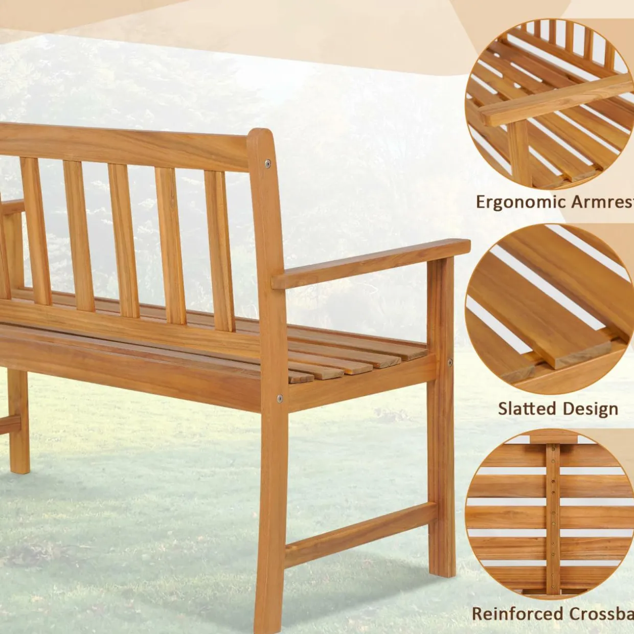 Tangkula Outdoor Acacia Wood Bench, 2-Person Garden Bench with Backrest and Armrests