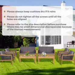 Tangkula Outdoor Acacia Wood Furniture Set, PE Wicker Conversation Set with Coffee Table and Soft Cushions