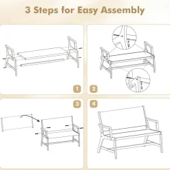 Tangkula Outdoor Acacia Wood Bench, All-Weather Rope Woven Garden Bench with Backrest and Armrests