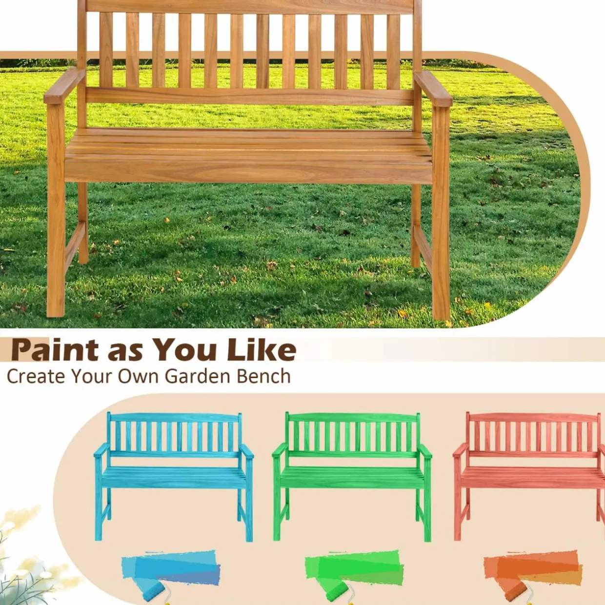 Tangkula Outdoor Acacia Wood Bench, 2-Person Garden Bench with Backrest and Armrests