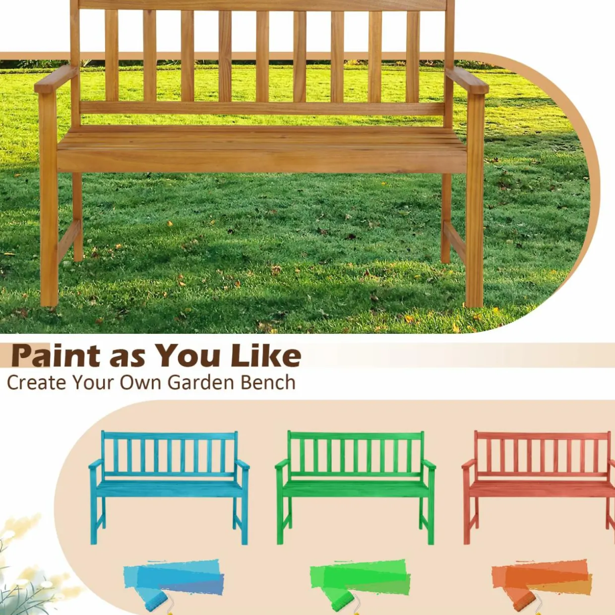 Tangkula Outdoor Acacia Wood Bench, 2-Person Garden Bench with Backrest and Armrests
