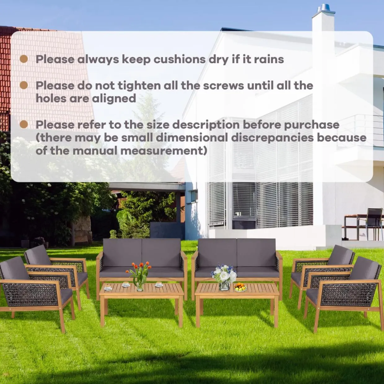 Tangkula Outdoor Acacia Wood Furniture Set, PE Wicker Conversation Set with Coffee Table and Soft Cushions
