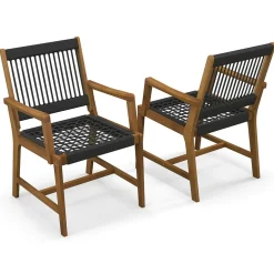 Tangkula Outdoor Acacia Wood Dining Chairs Set of 2, All-Weather Rope Woven Patio Chairs with Armrests