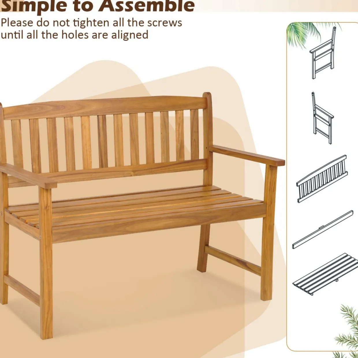 Tangkula Outdoor Acacia Wood Bench, 2-Person Garden Bench with Backrest and Armrests