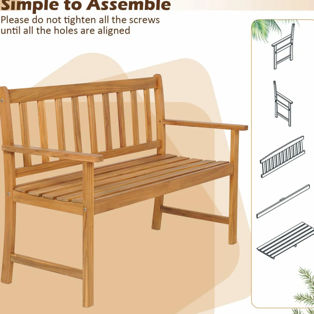Tangkula Outdoor Acacia Wood Bench, 2-Person Garden Bench with Backrest and Armrests