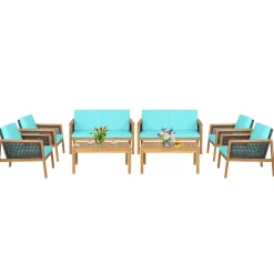 Tangkula Outdoor Acacia Wood Furniture Set, PE Wicker Conversation Set with Coffee Table and Soft Cushions