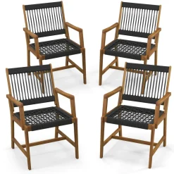 Tangkula Outdoor Acacia Wood Dining Chairs Set of 2, All-Weather Rope Woven Patio Chairs with Armrests