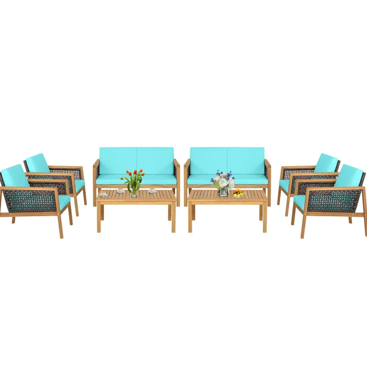 Tangkula Outdoor Acacia Wood Furniture Set, PE Wicker Conversation Set with Coffee Table and Soft Cushions