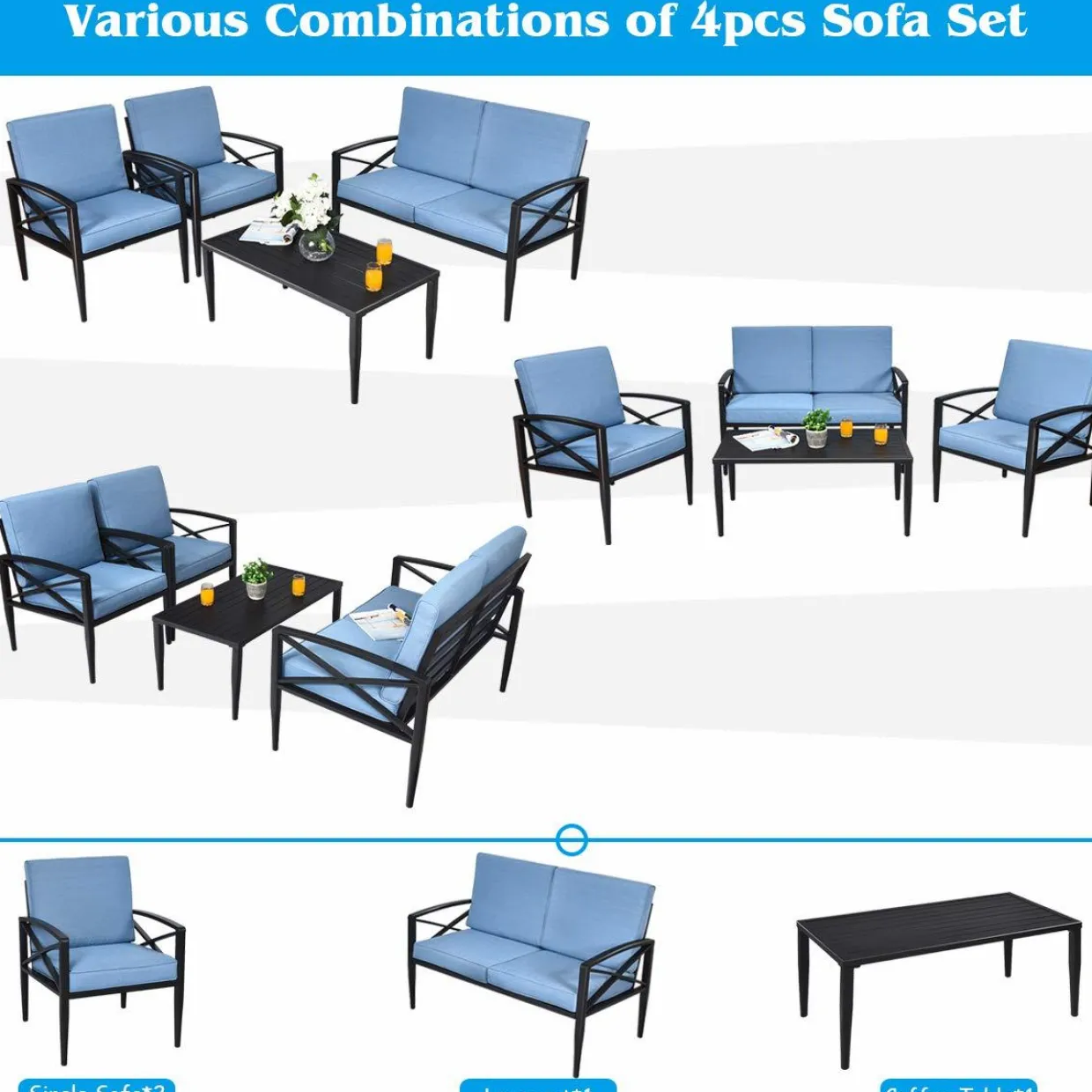 Tangkula Outdoor Aluminum Patio Conversation Set, Patio Sofa Set 1 Loveseat, 2 Single Sofas, 1 Coffee Table