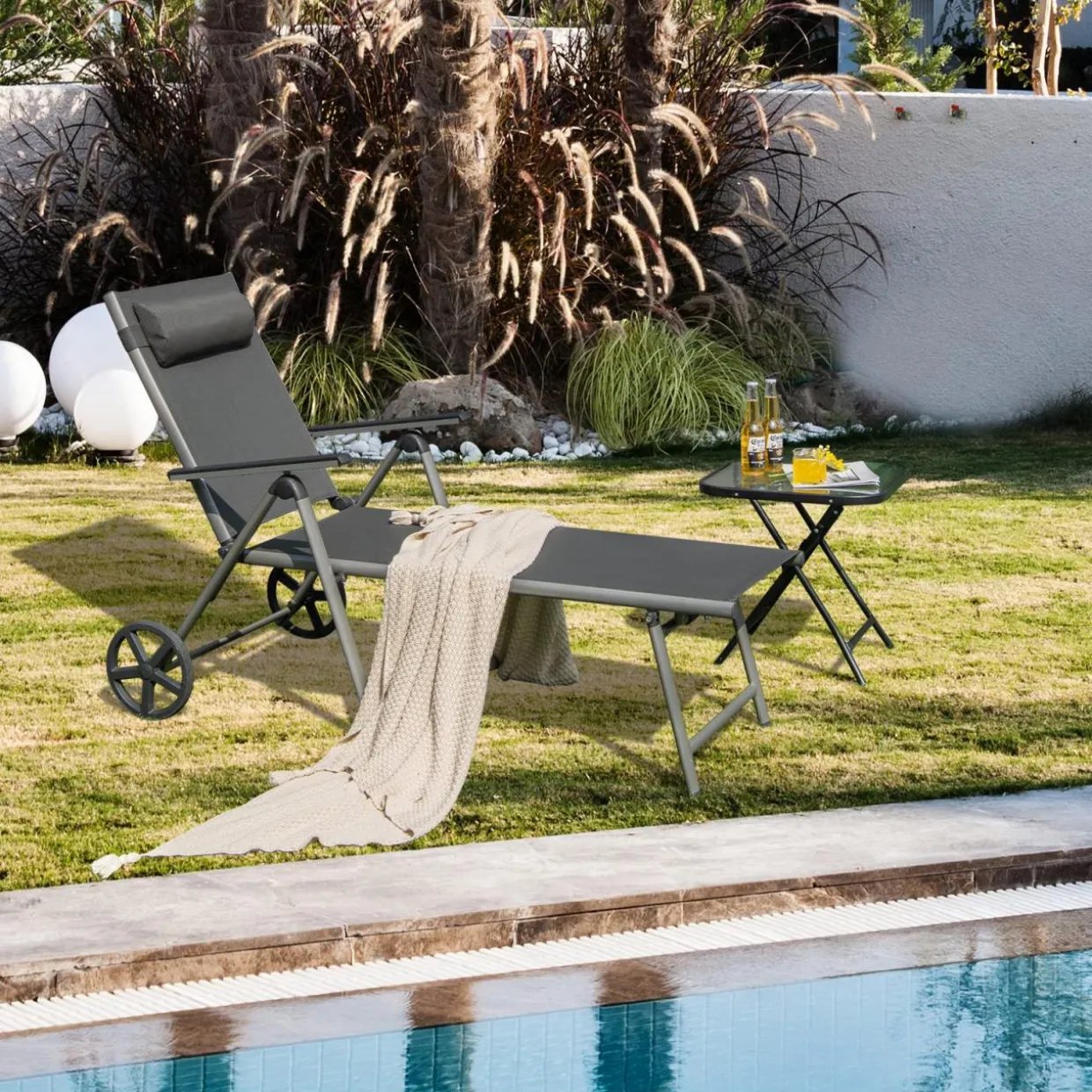 Tangkula Outdoor Aluminum Chaise Lounge Chair with Wheels